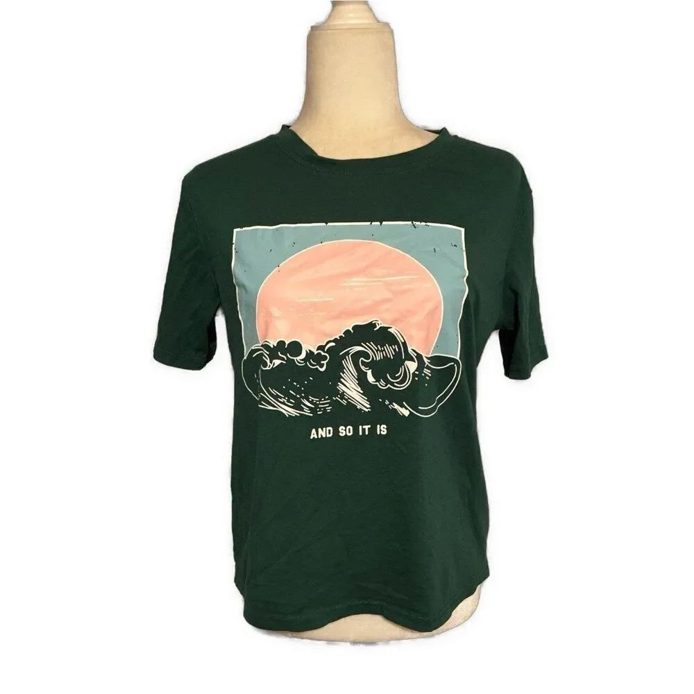 Womens And So It Is Green Pink Short Sleeve Ocean Wave Sun Print T Shirt Top M